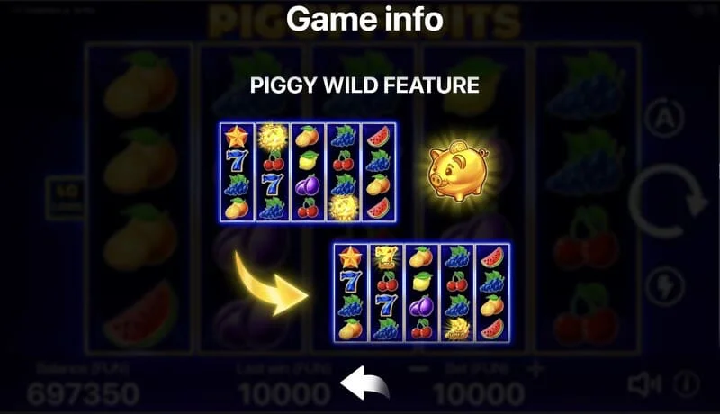 Piggy Fruits - ecran de joc cu o grilă 5x4 și simboluri de fructe